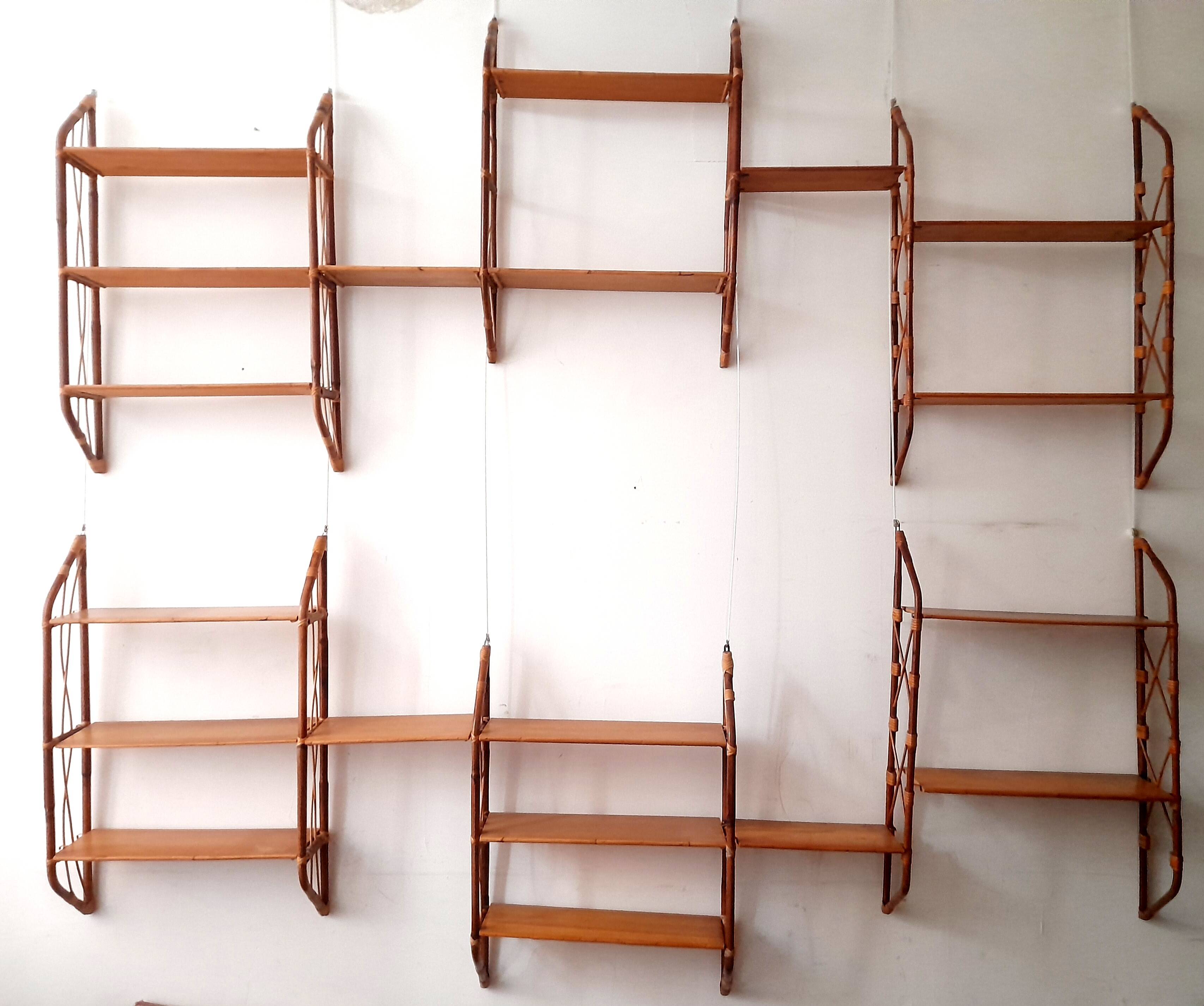 Shelves / Wall bookcase with bamboo ladders Vintage from the 60s Modular up to 7 m