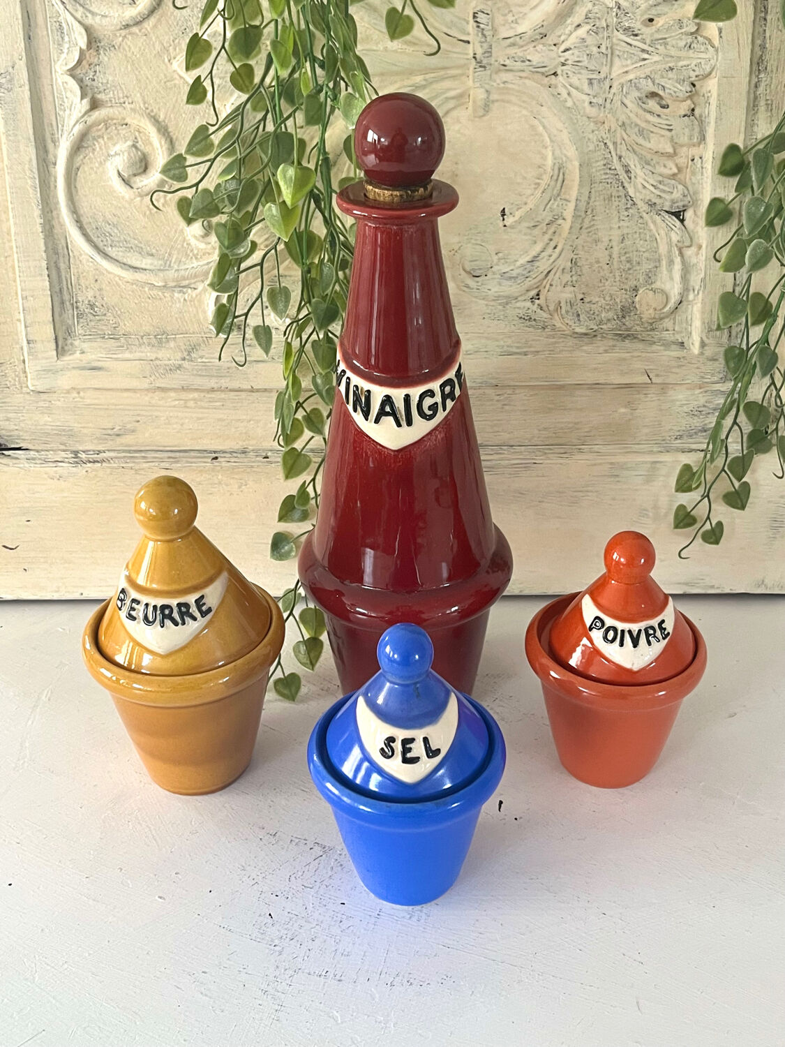 French 1950s ceramic vinaigrette set, Pol Chambost style