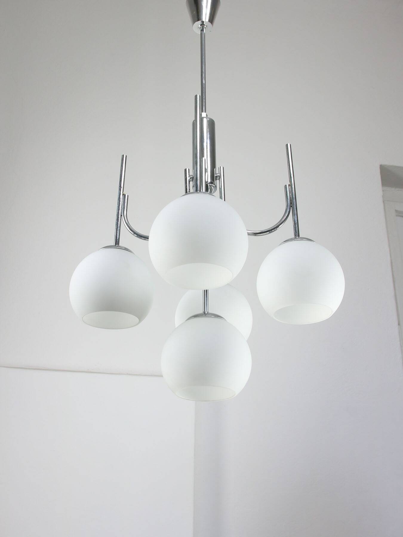 Vintage Italian Chrome and Opaline Chandelier, 1970s