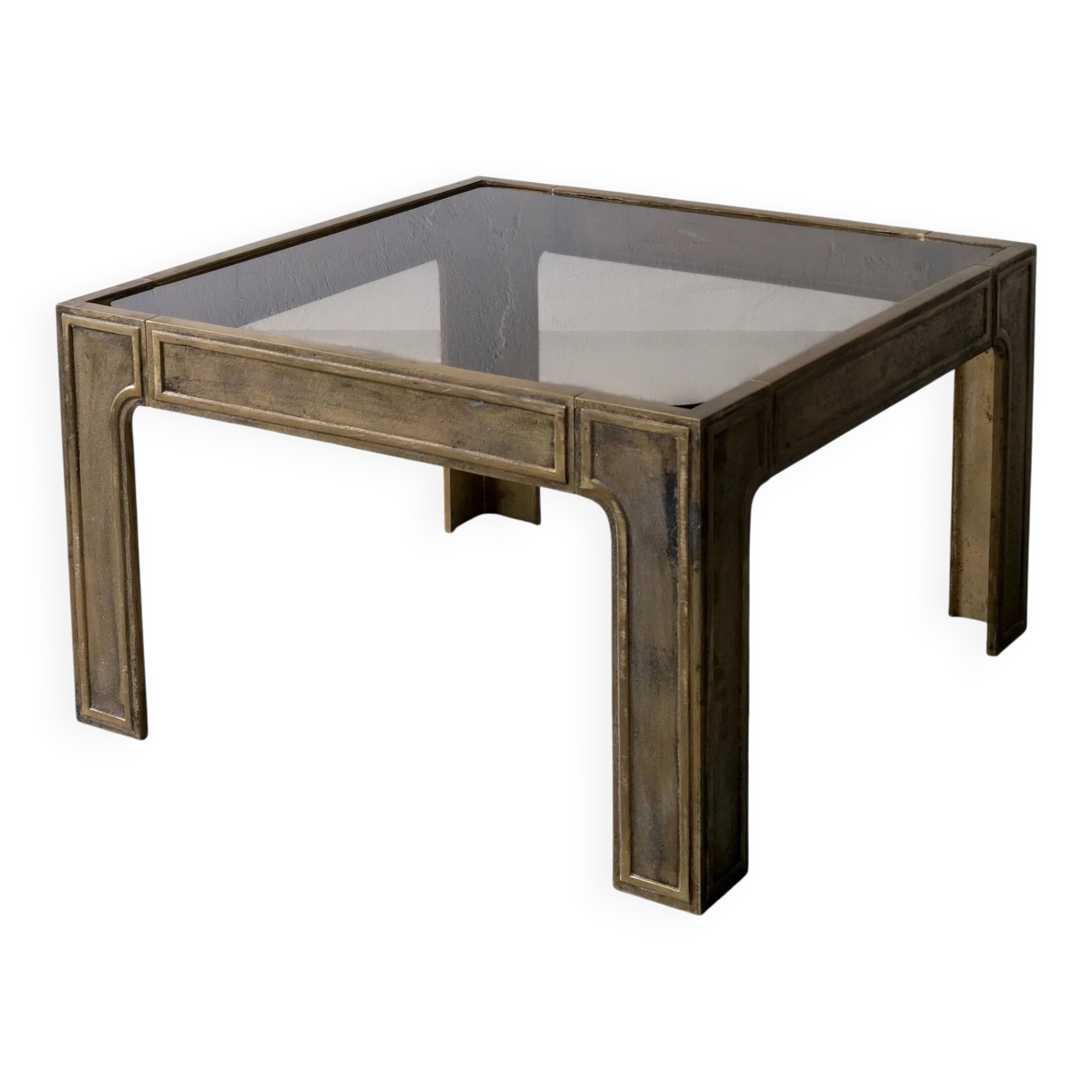 Brutalist bronze and glass square coffee table | 1970s