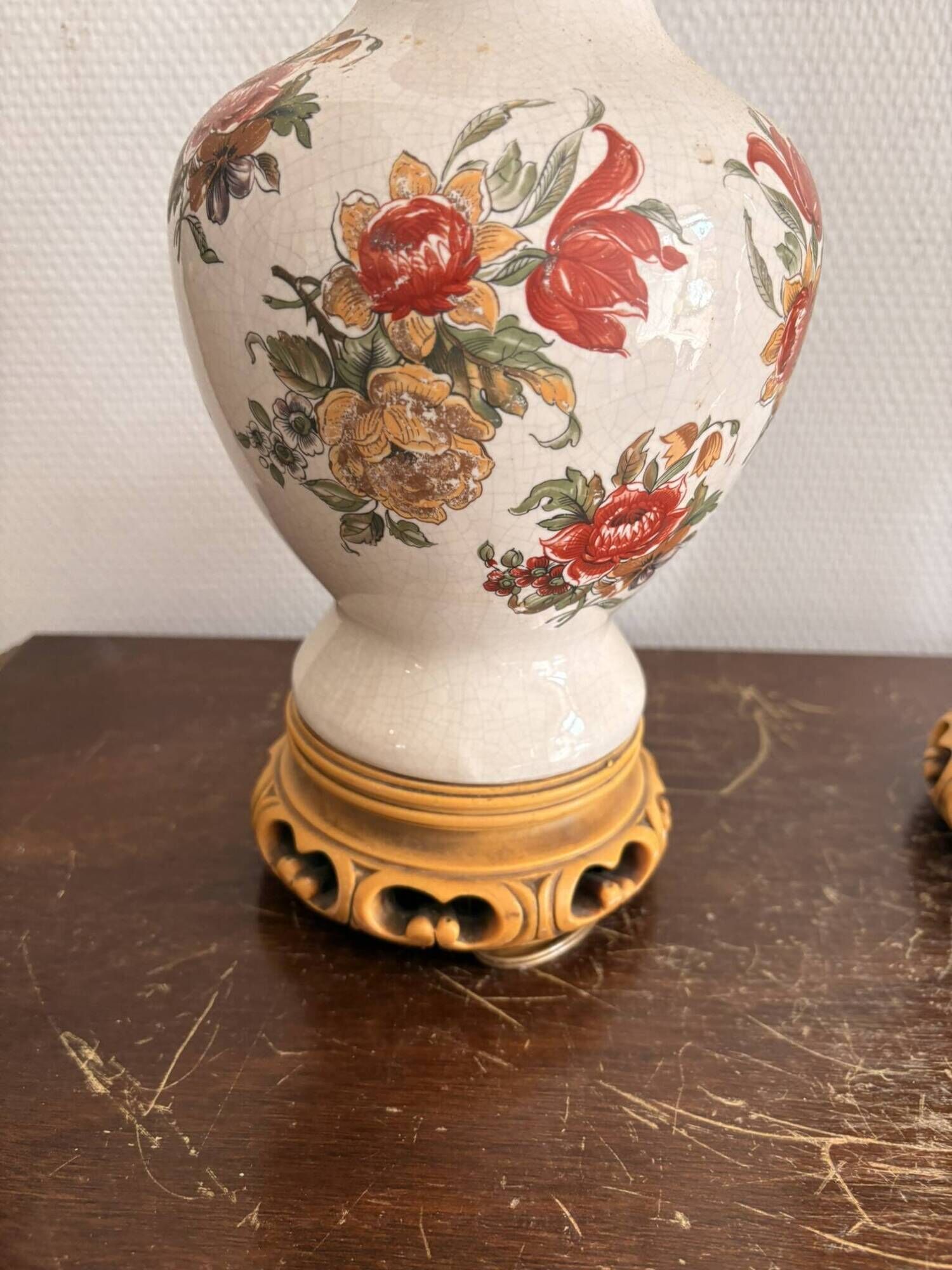 Antique Pair of Ceramic Floral Bulbous Lamps Shabby Chic