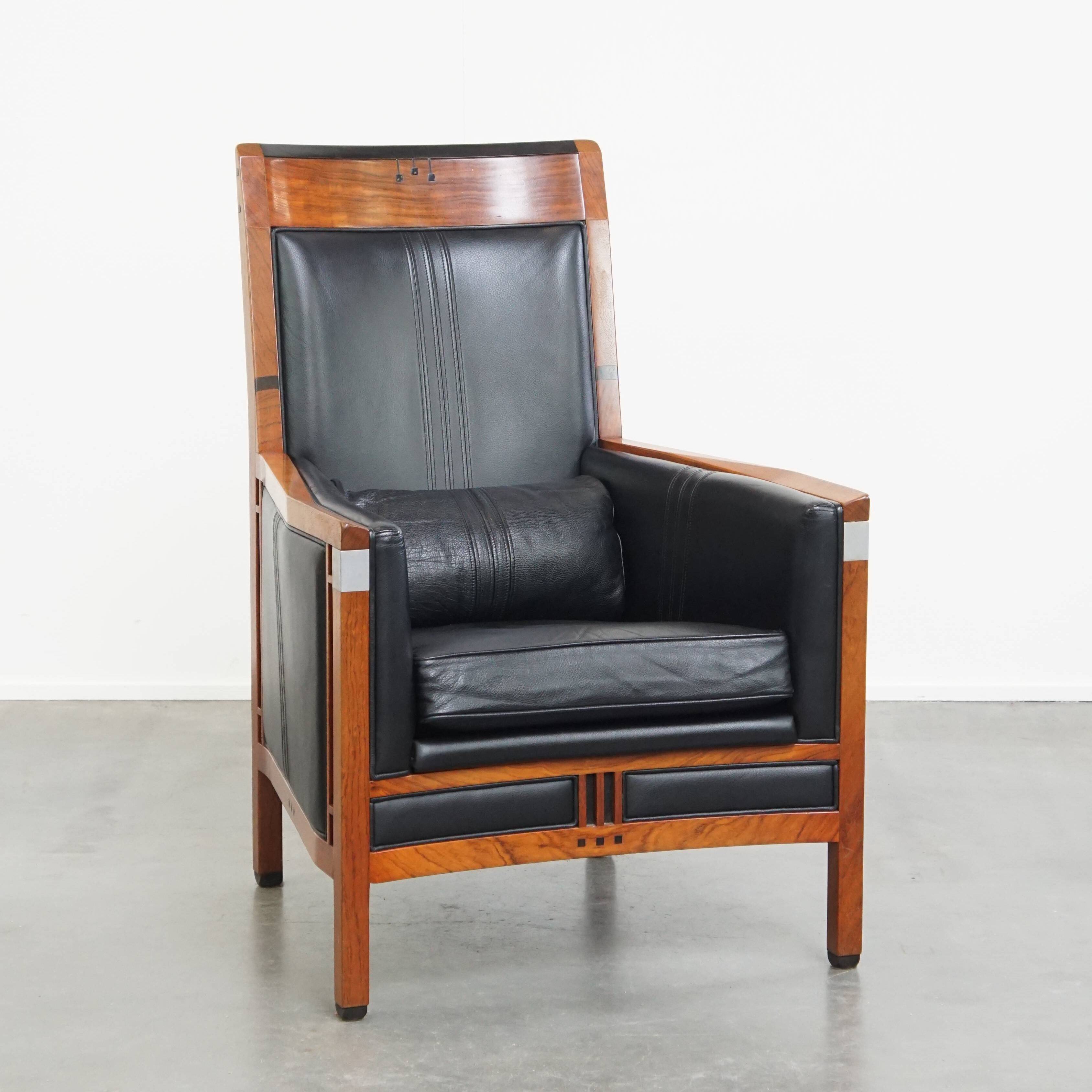 Black Cowhide Leather and Wooden Art Deco Armchair