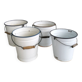 Set of 4 Vintage White Enamel Bucket Planter: 1970s EMO Celje Yugoslavia