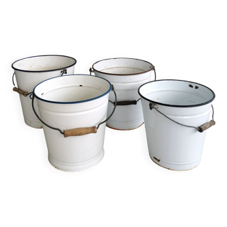 Set of 4 Vintage White Enamel Bucket Planter: 1970s EMO Celje Yugoslavia
