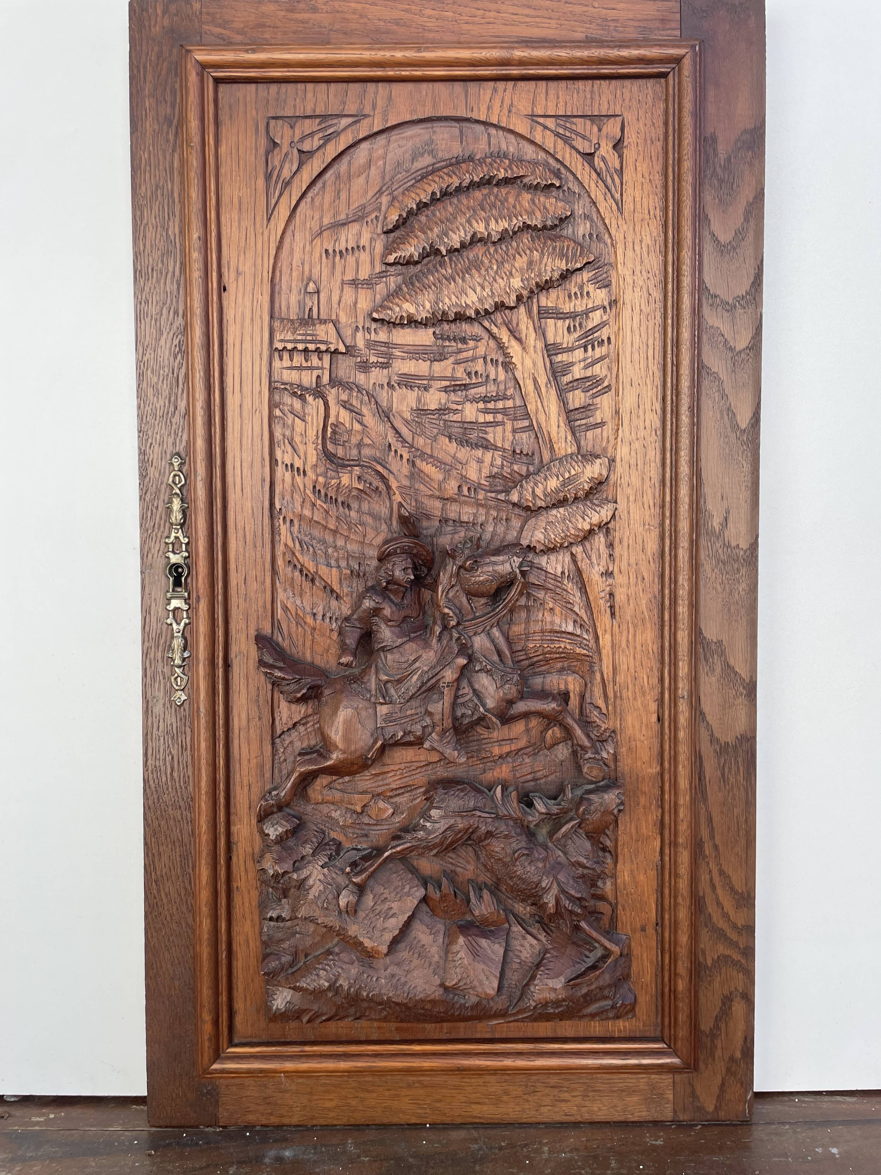 Old carved wooden door panel bas relief hunting scene (oak)