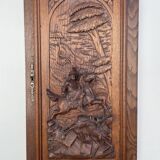 Ancien panneau porte bois sculpté bas relief scène de chasse (chêne)