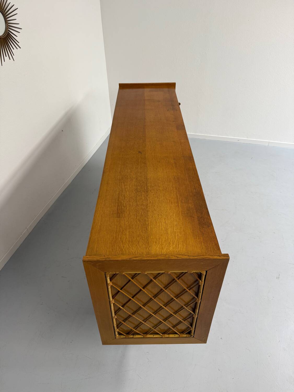 Antique French vintage 50s design wooden and rattan sideboard