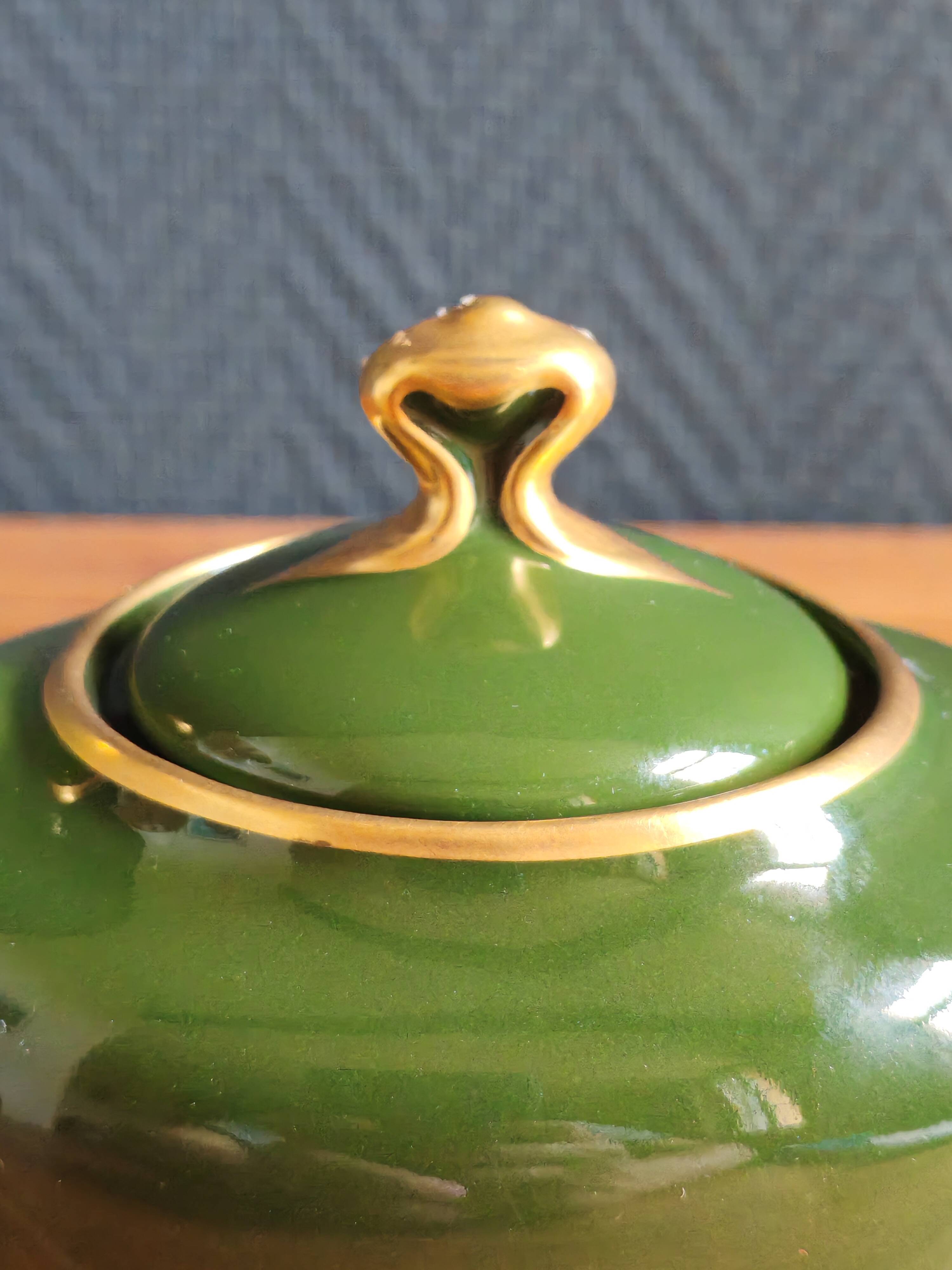 Vintage Teapot Mehun France Numbered, Green and Gold Porcelain