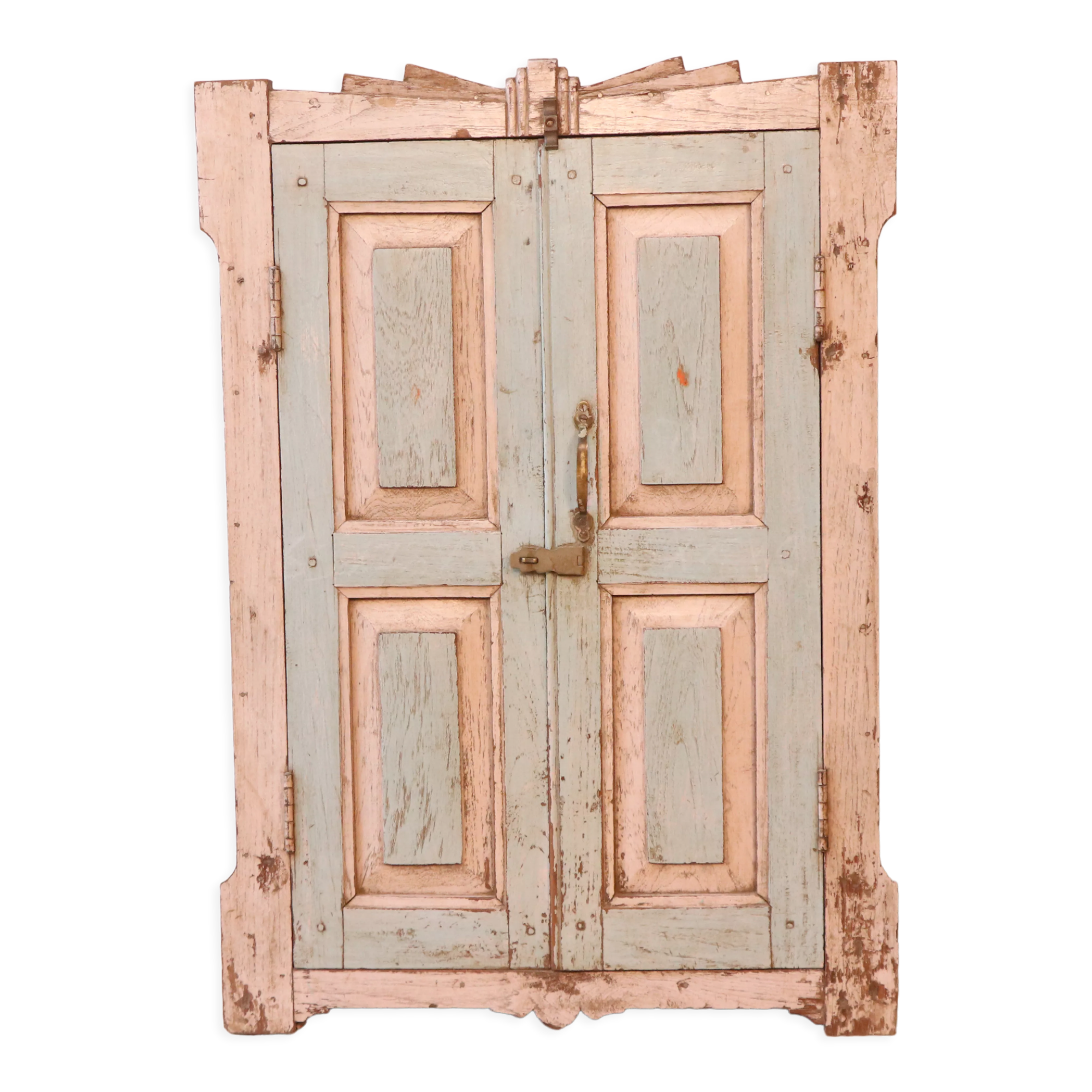 Old art deco cabinet in original turquoise-pink patina Burmese teak