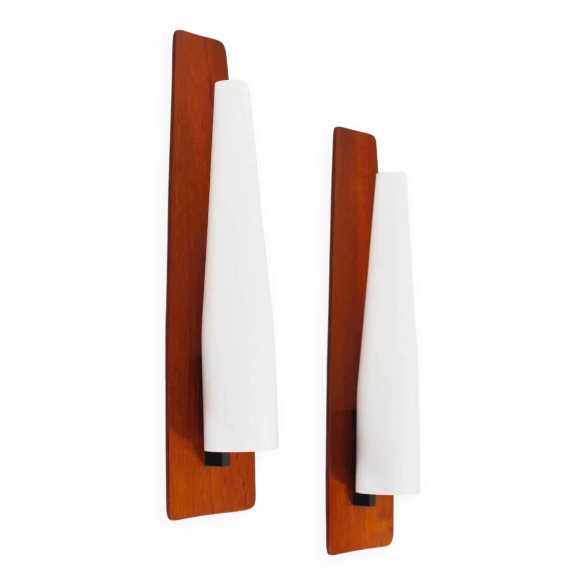Rare set of wall lamps in teak and opaline glass by Kaiser Leuchten