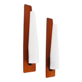 Rare set of wall lamps in teak and opaline glass by Kaiser Leuchten