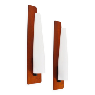 Rare set of wall lamps in teak and opaline glass by Kaiser Leuchten