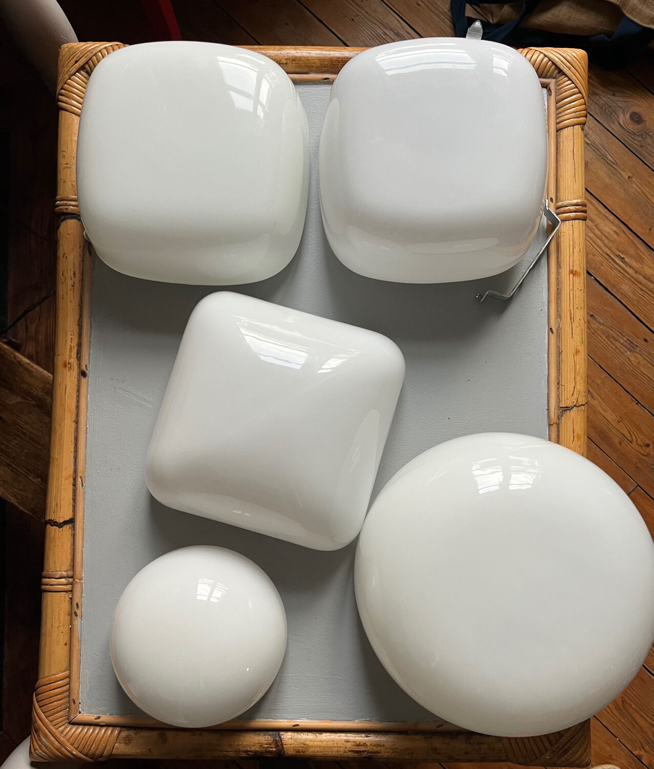 Minimalist square opaline ceiling light or wall lamp.