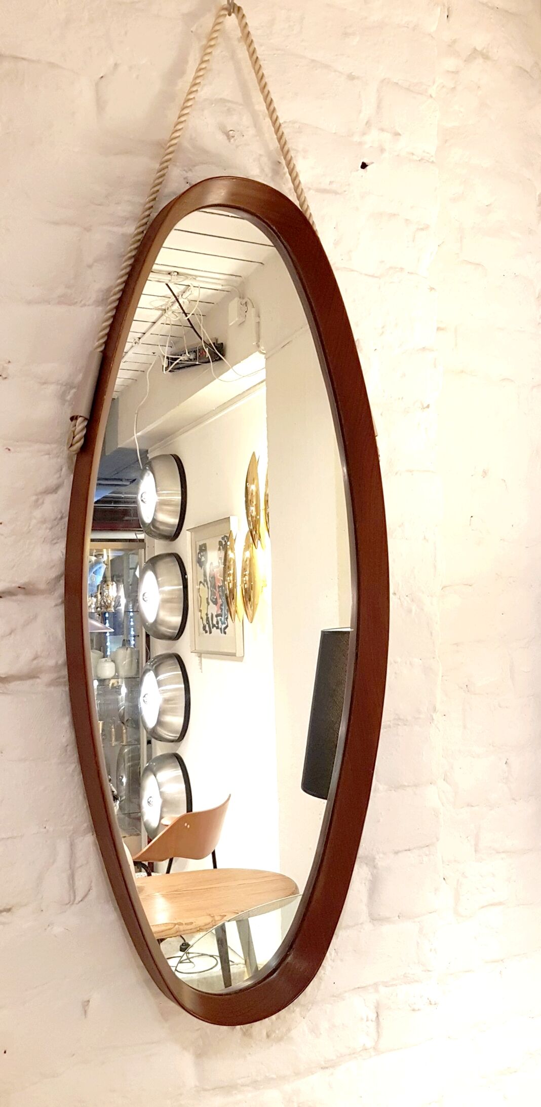 Oval hall mirror, wooden frame. Scandinavia 1960s 33x100cm