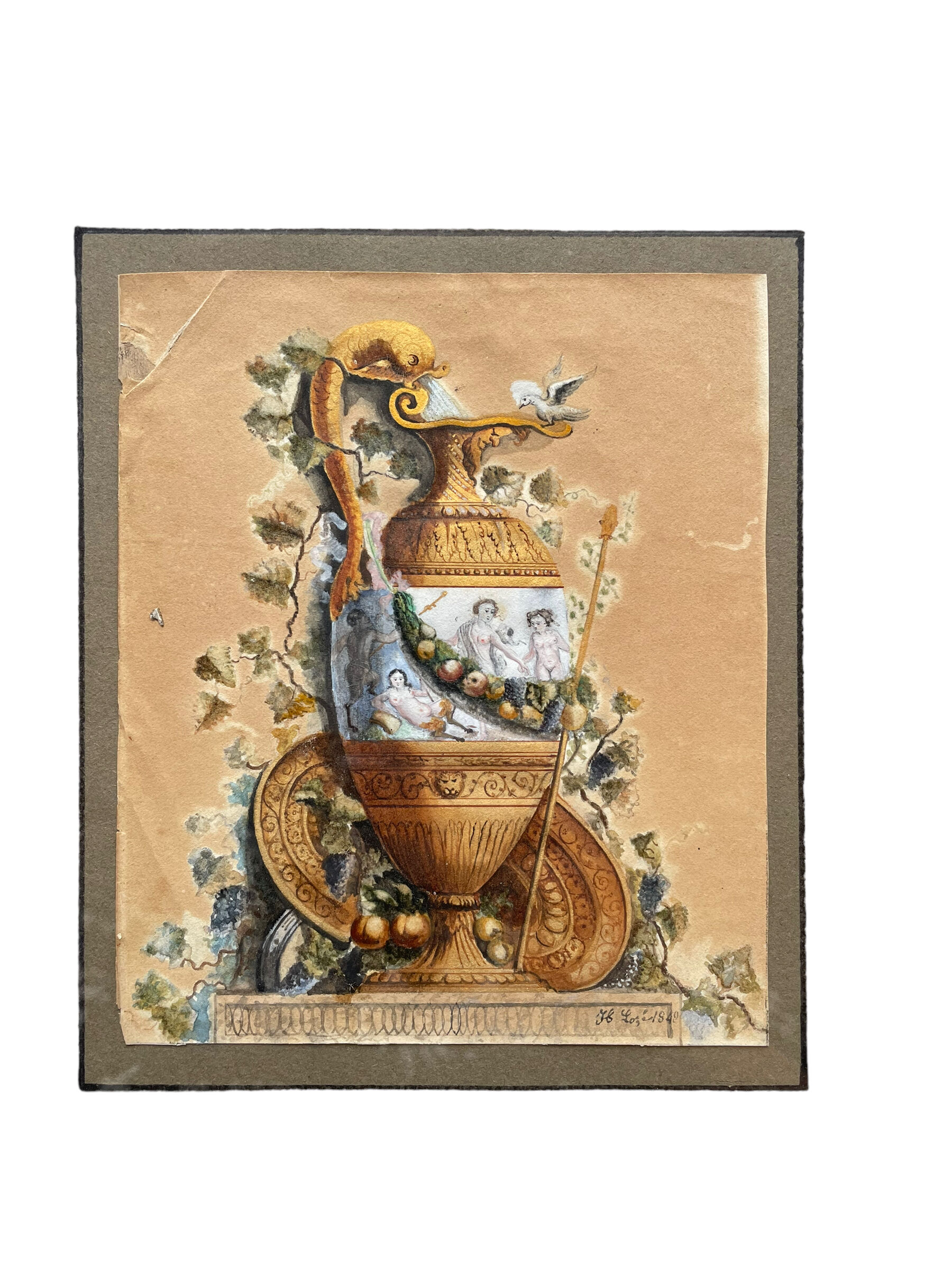 Watercolor XIXth Fountain at Antique Signed H. Lozé