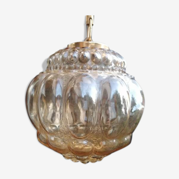 Suspension globe verre ambré bulles vintage 60s / plafonnier vintage / verre empoli
