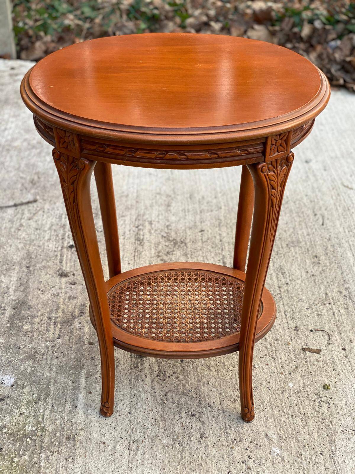 Louis XV oval pedestal table carved in solid cherry wood with cane bedside table