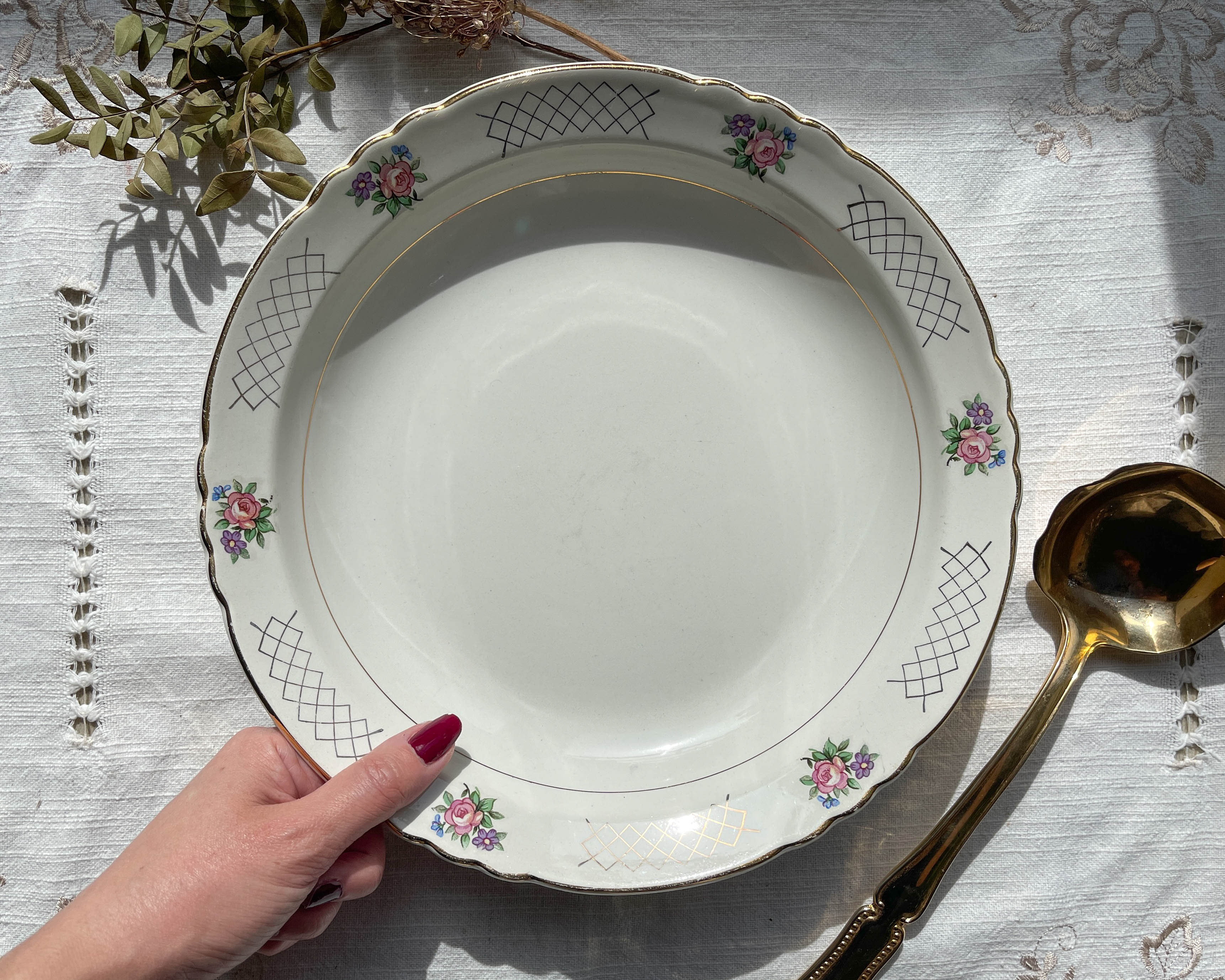 Vintage hollow dish in floral earthenware Moulin des Loups model "Cordoue"