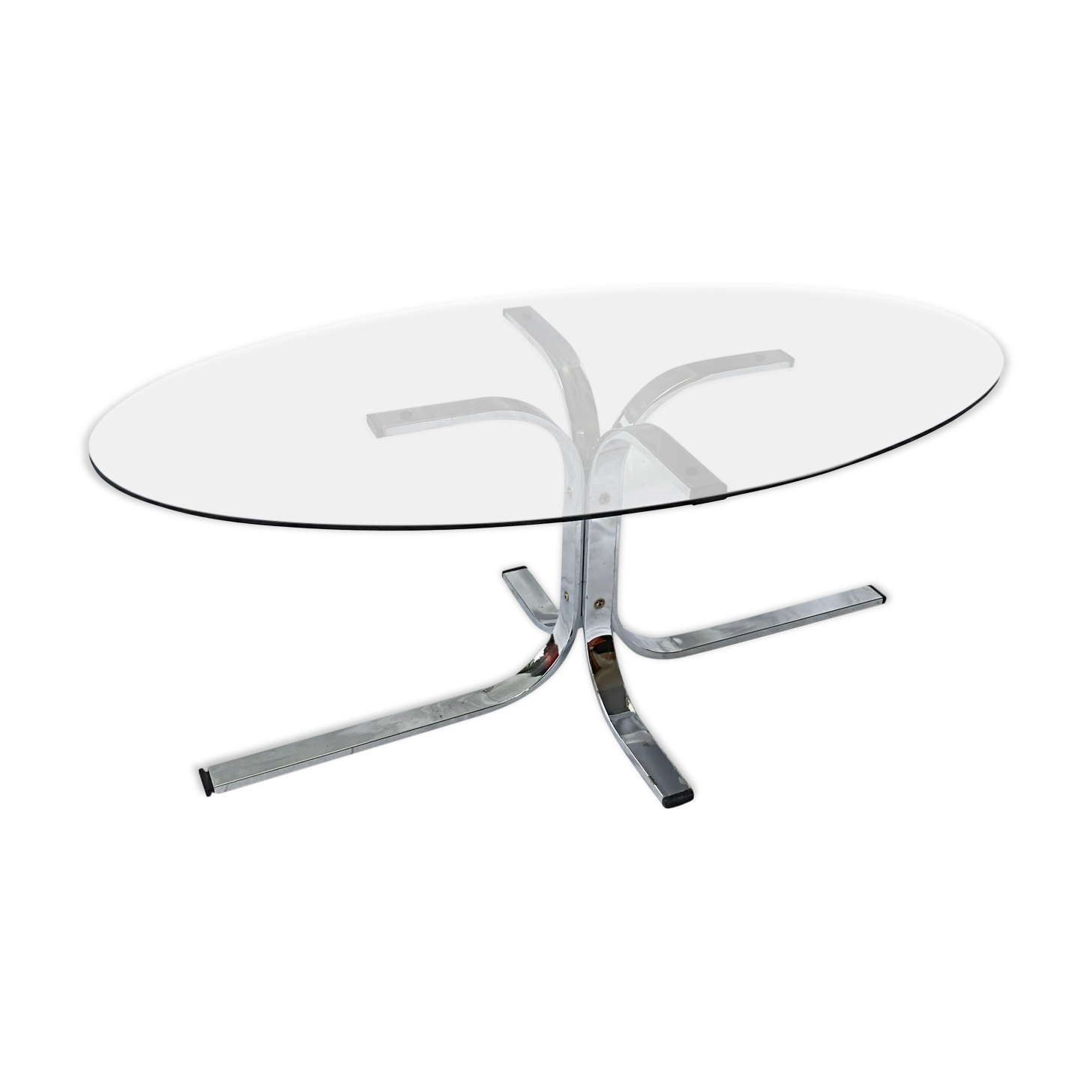 Oval glass coffee table smoked glass chromed metal