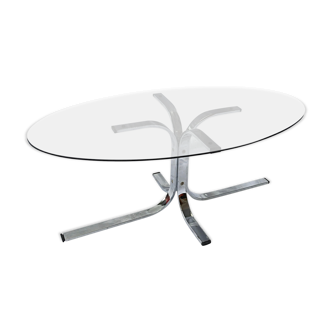Oval glass coffee table smoked glass chromed metal