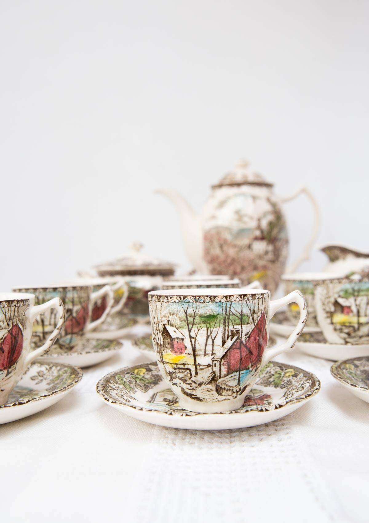 English coffee service for 12 people, “The Friendly Village” Johnson Bros 1960