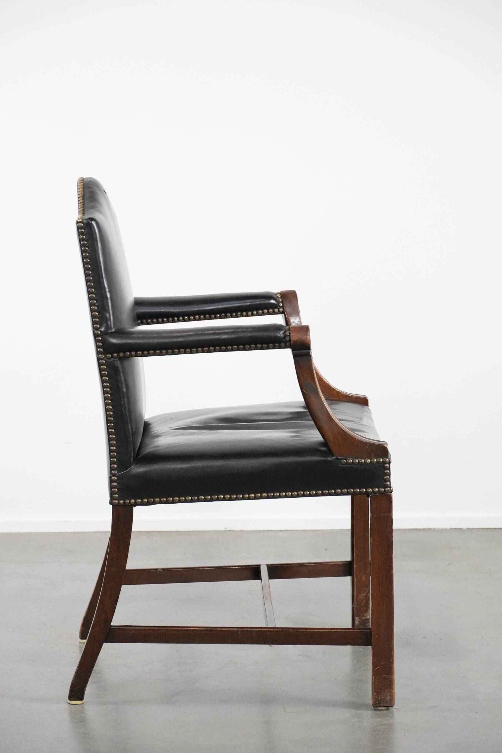 Wooden and black cow leather antique English Gainsborough side/desk/chair