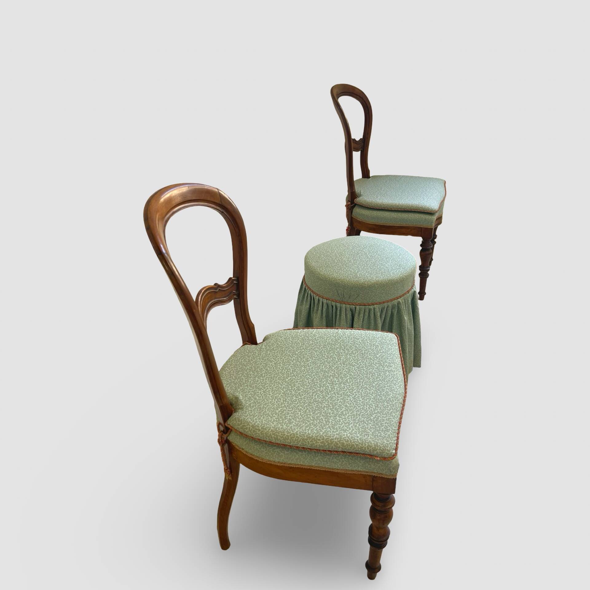 Antique Victorian era ballon back chairs and stool
