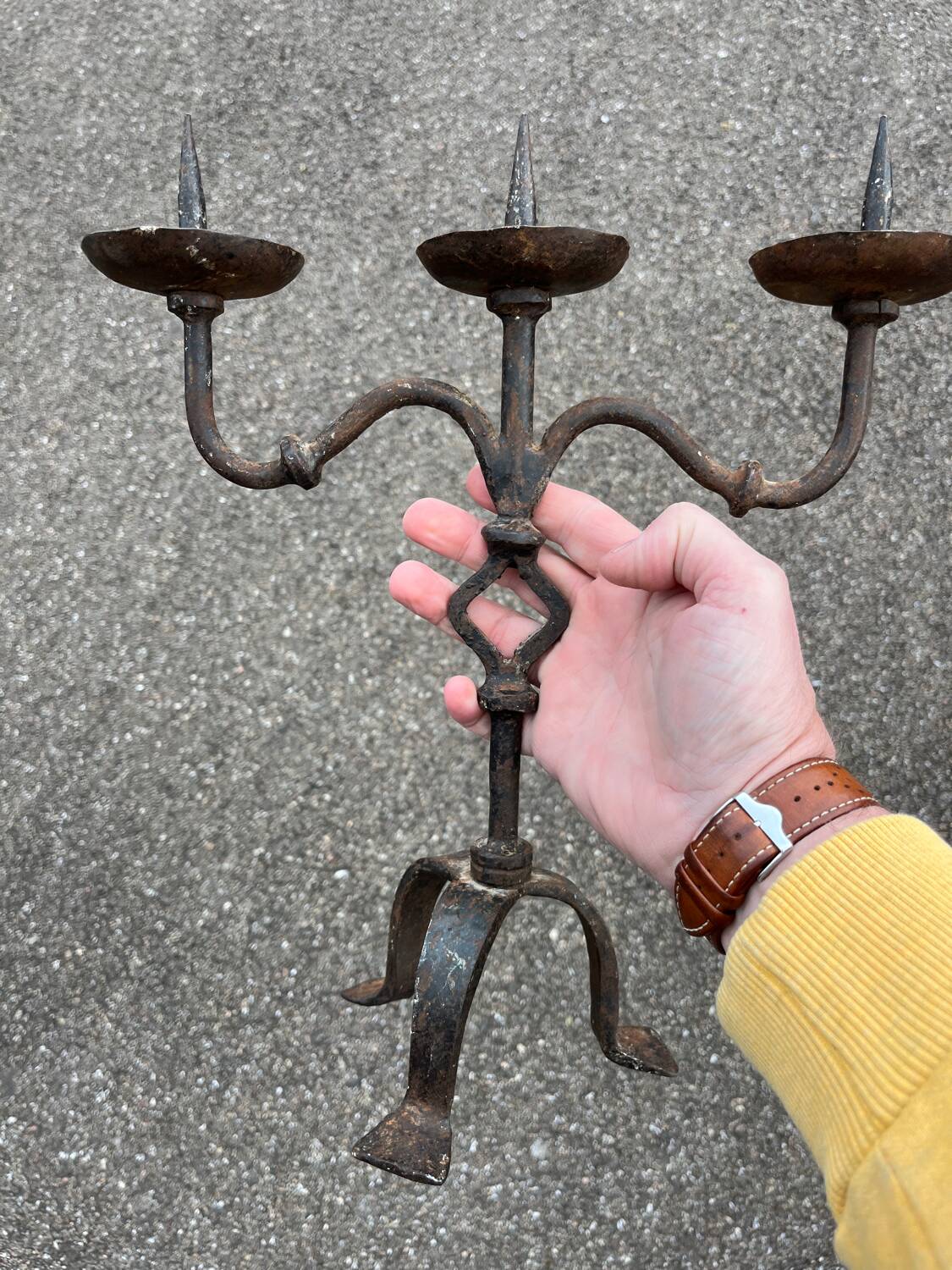 Pair of antique brutalist wrought iron candlesticks