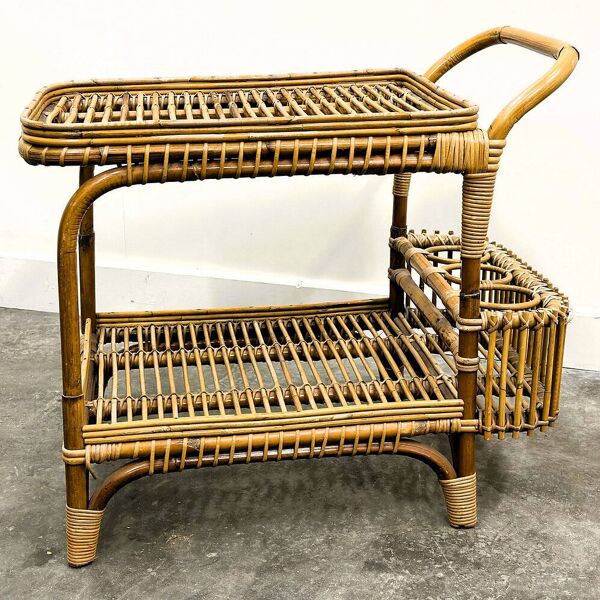 Chariot de bar vintage italien en rotin avec porte-bouteilles, années 1970
