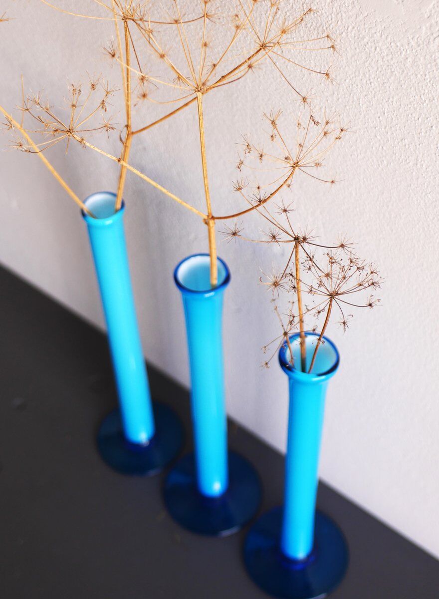 Vintage tall handblown orchid vases in azure blue by Artur Percy for Gullaskruf, 1970s, set of 3
