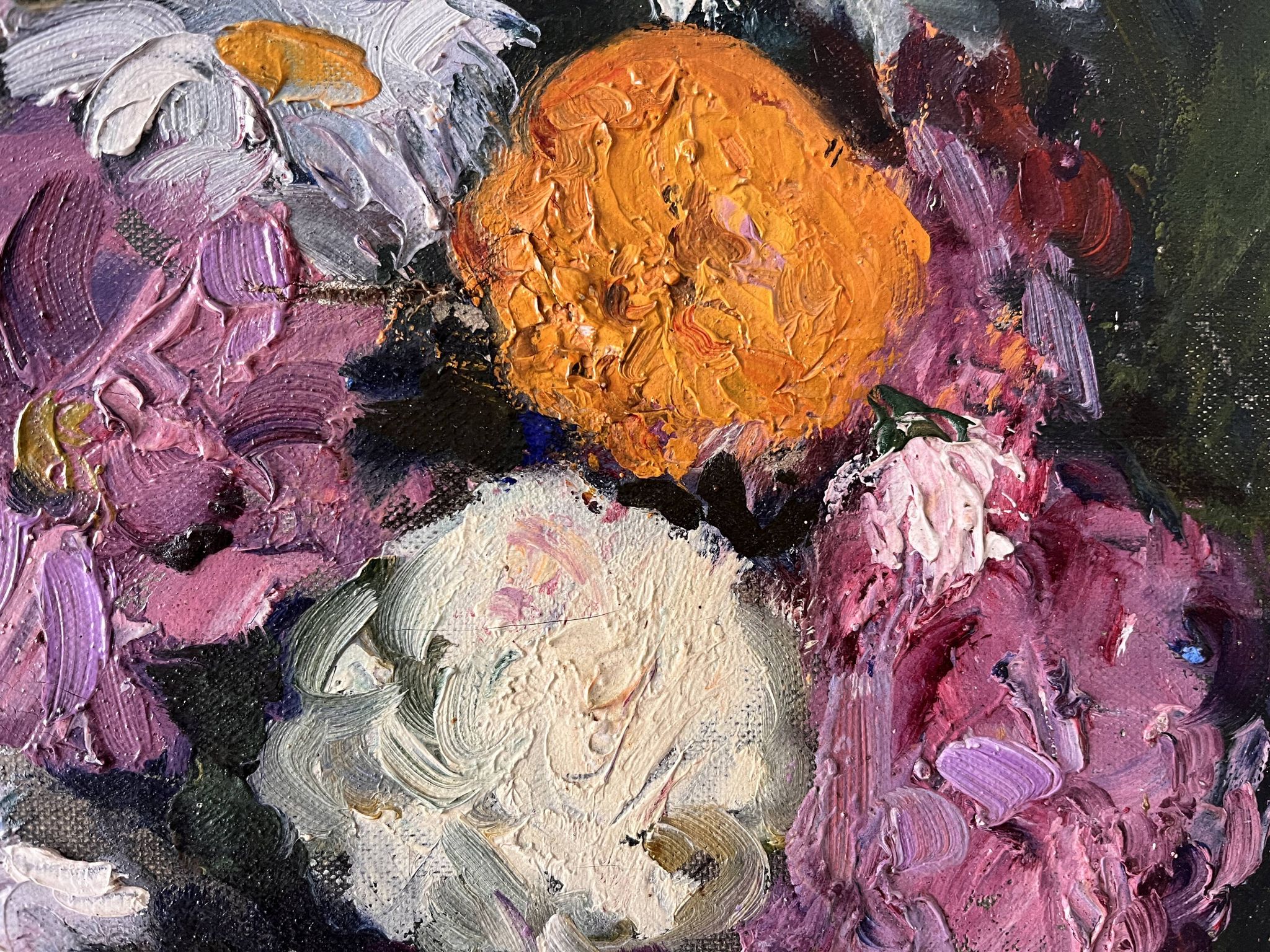 Large oil on canvas of a still life with flowers 1929, antique painting.