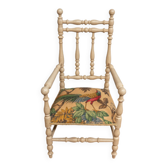 Children's chair twisted wooden patina cream 1900 fabric with bird