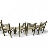 5 x dining chairs / light grey wooden frame / leather seat / Germany 1970s / labeled "ideen für kuchen - innenarchitektur"