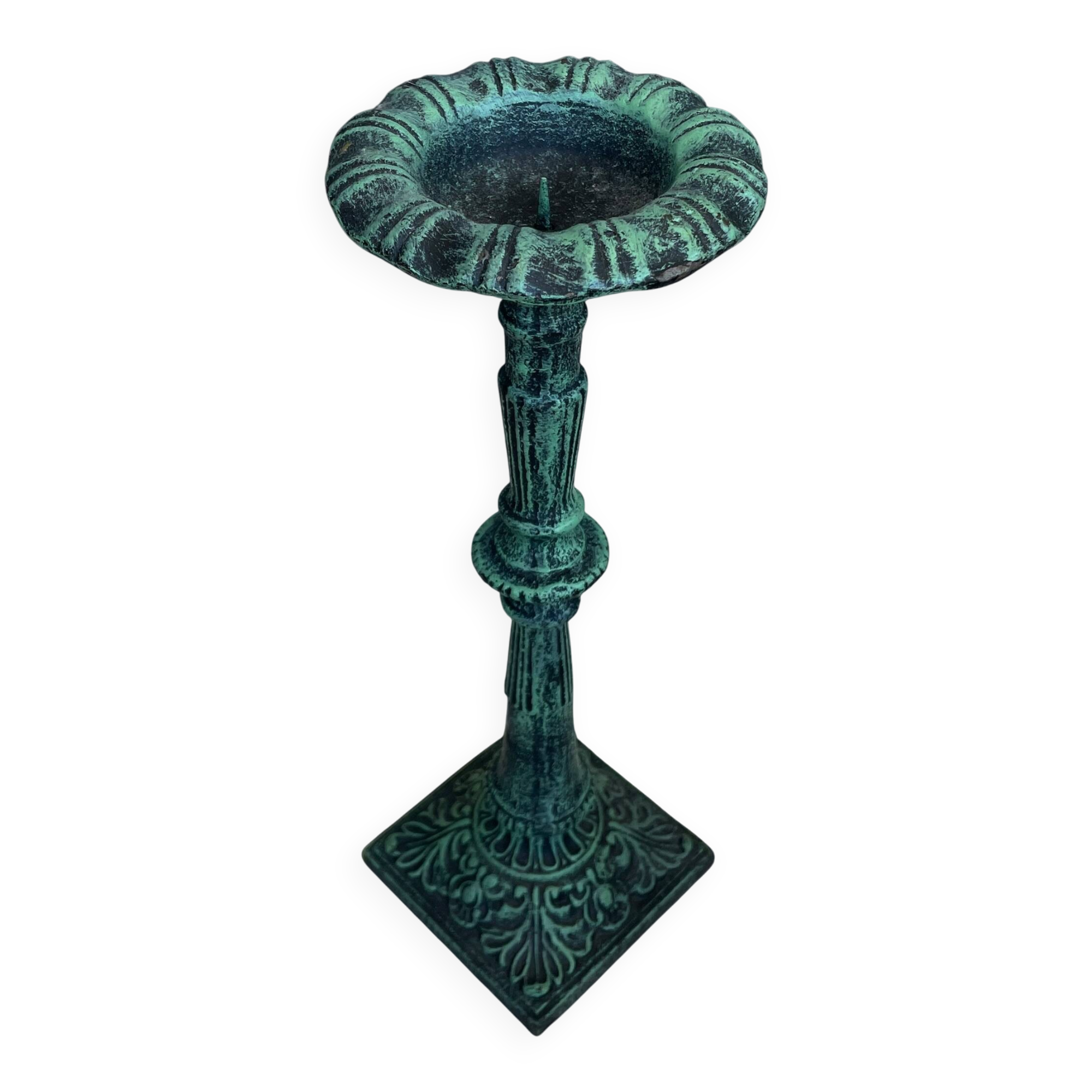 Vintage candlestick holder in patinated green-grey cast iron, 32.5 cm