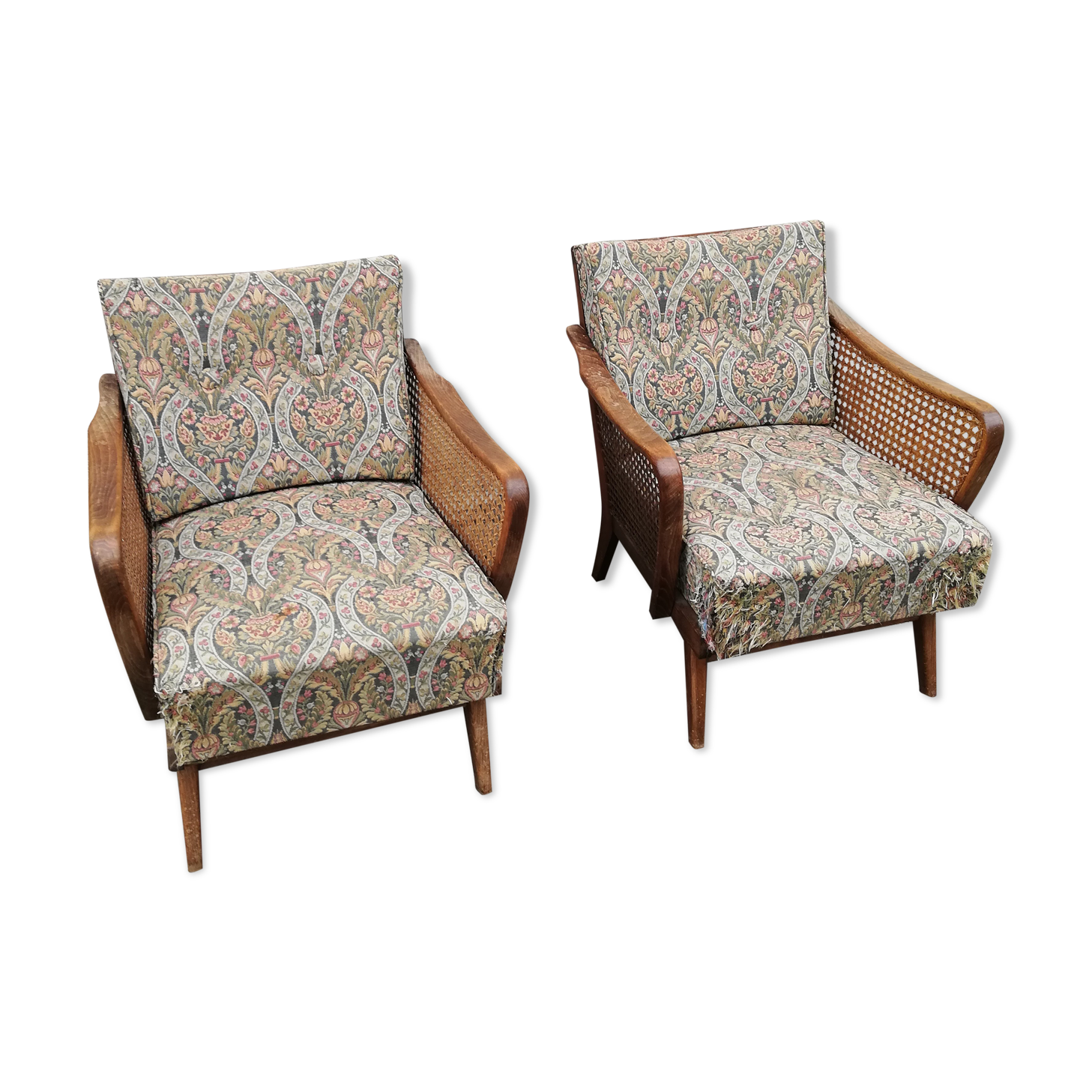 Paire de fauteuils vintage pieds compas et cannage