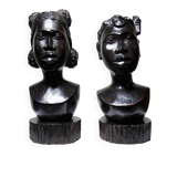 Couple of Malagasy busts in dark exotic wood, carved, craftsmanship from the 1940s to 1970s.