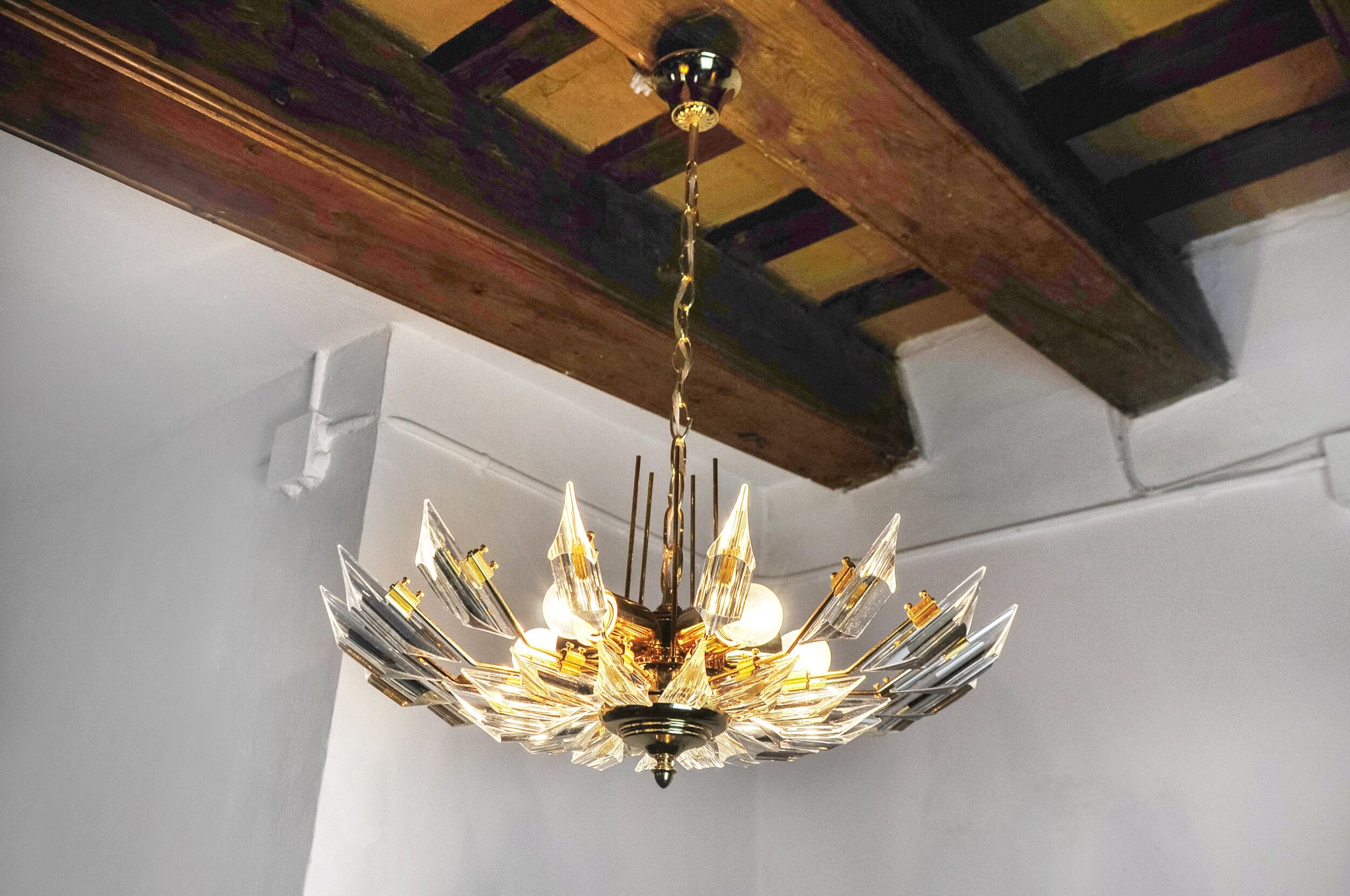 Chandelier '"sun" by Oscar Torlasco for Stilkronen cut glass triedri, Italy, 1970