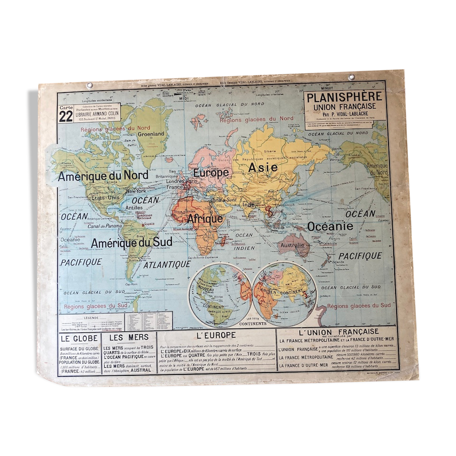 Old school map No.22/22bis Planisphere / French Union Vidal-Lablache - Armand Colin