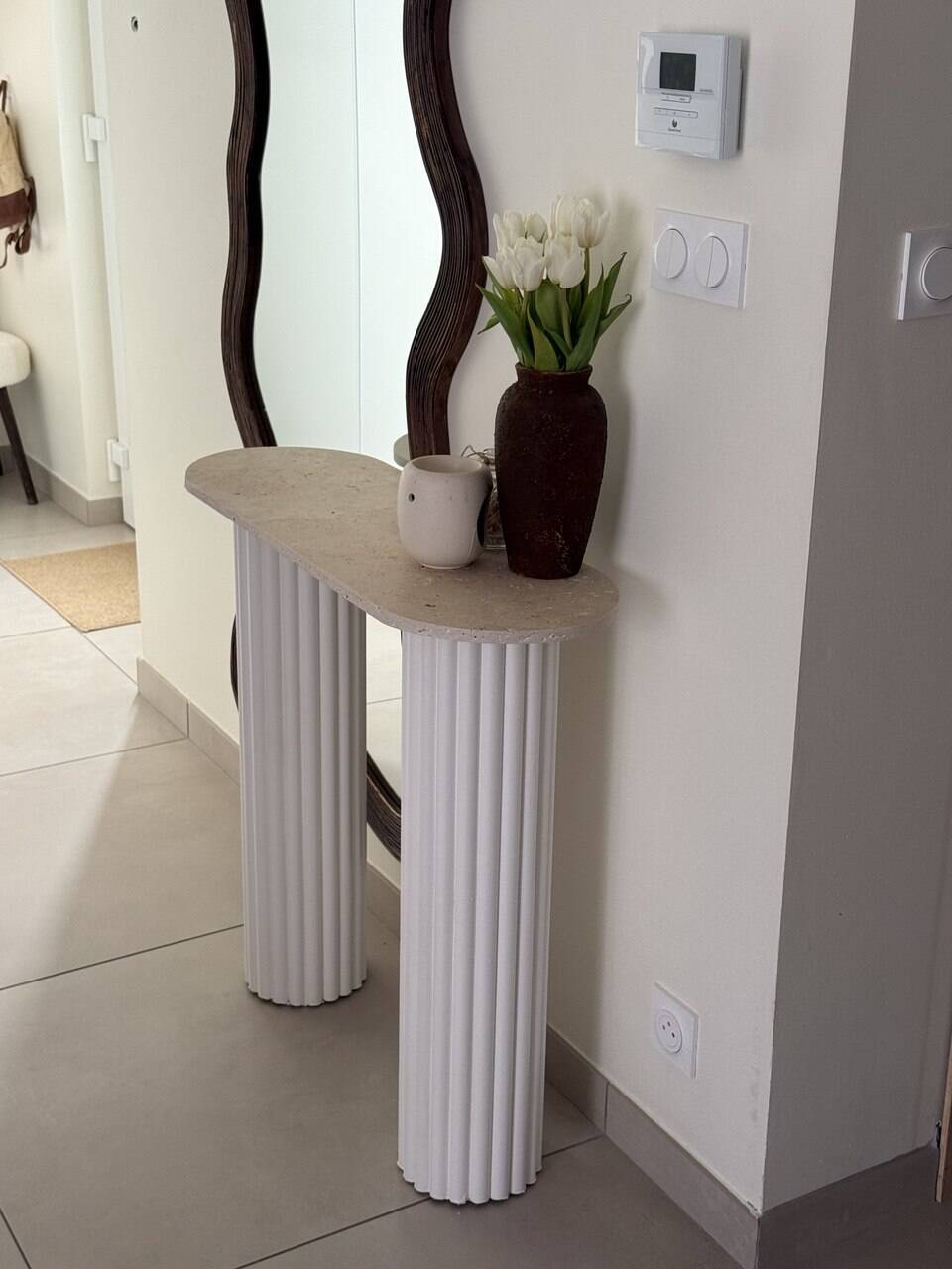 Travertine and wood console | white oak