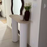 Travertine and wood console | white oak