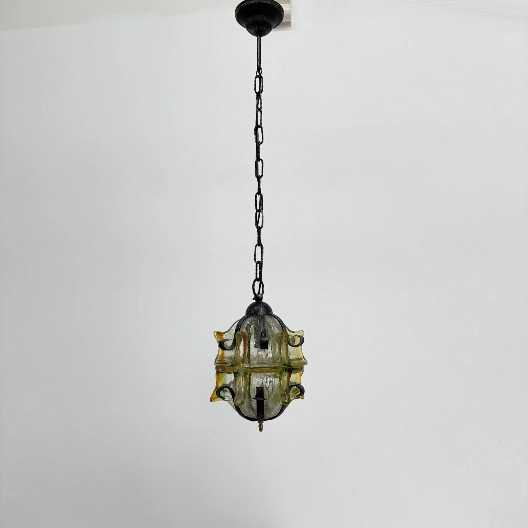 Brutalist glass and iron hanging lamp, 1970s
