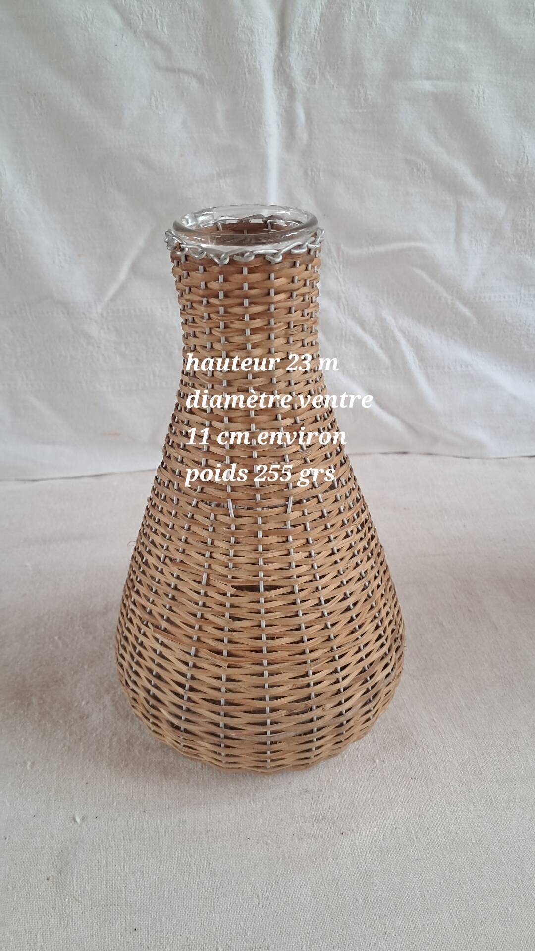 Pair of glass carafes / vases dressed in vintage woven rattan – A