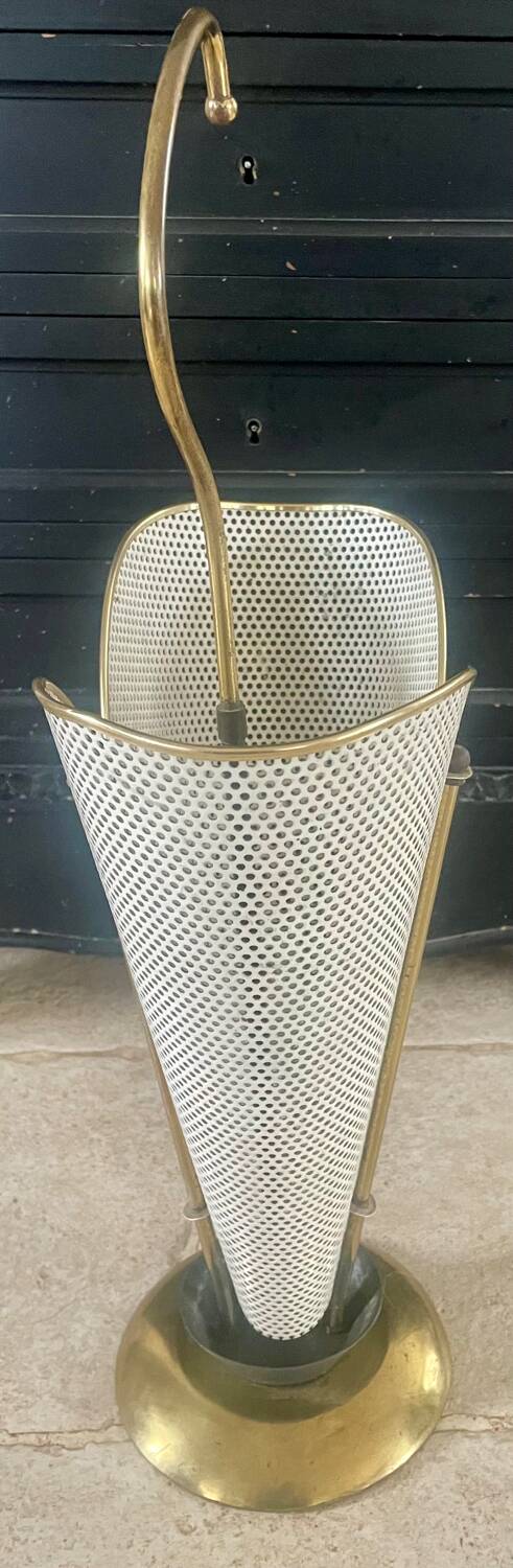 Metal umbrella stand with rigitulle and brass from the 1950s.