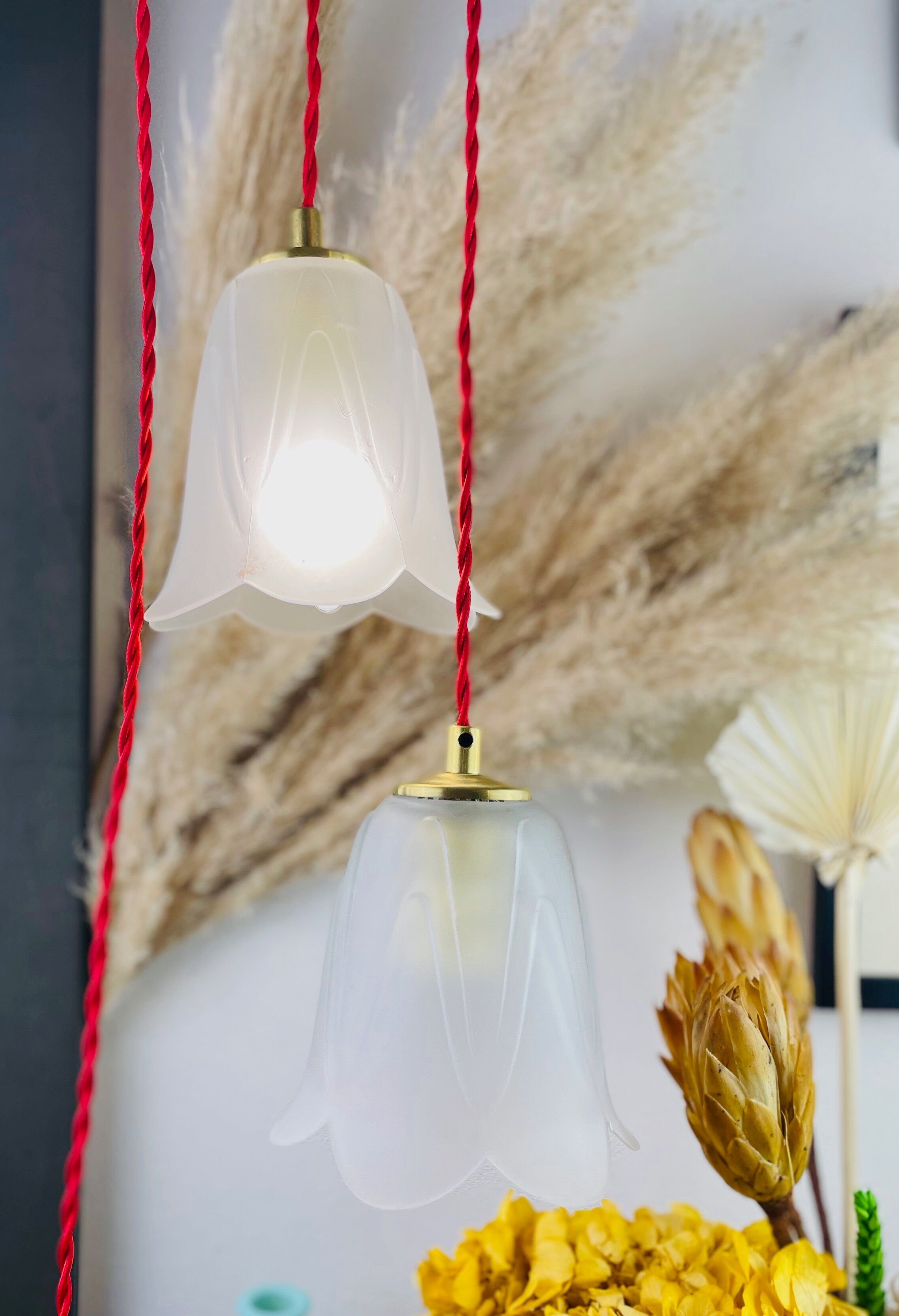 Walking lamp or suspension opaque globe shape of Art Deco flower