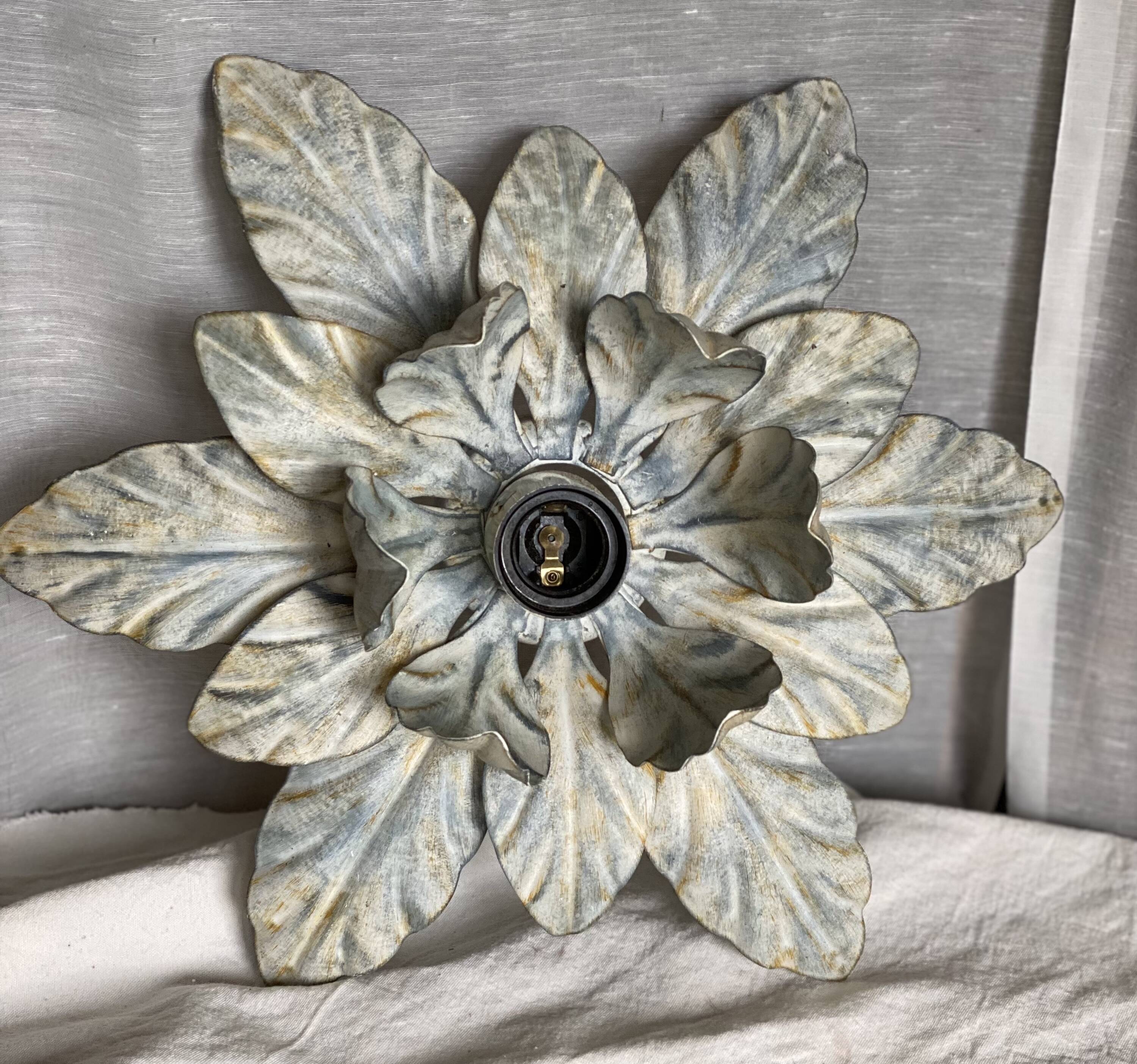 Vintage 1980 patinated metal flower wall light