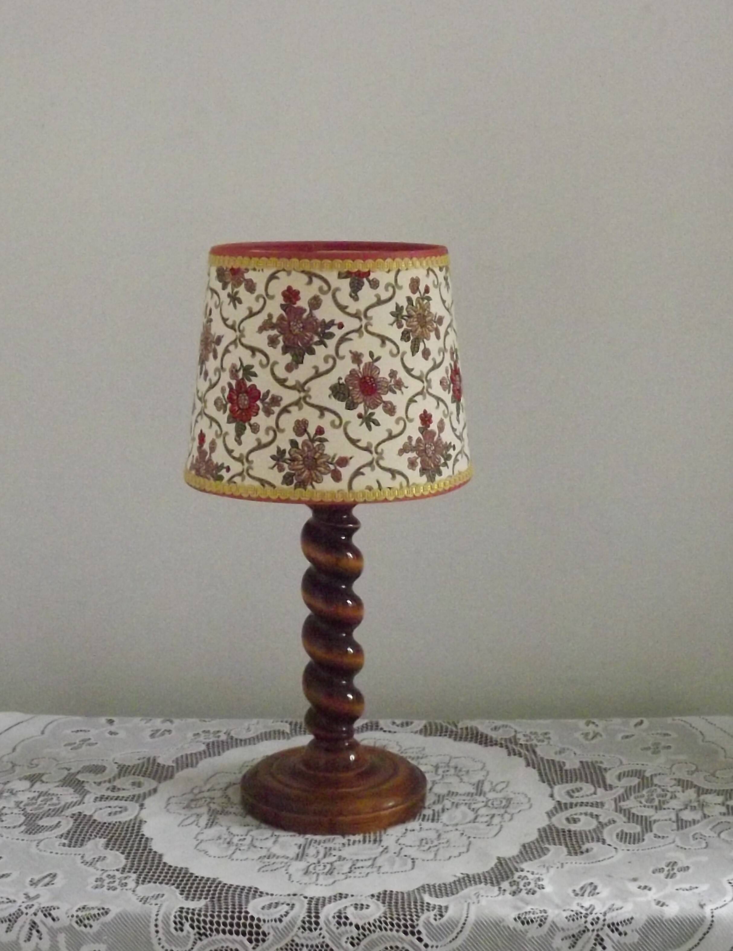 French Vintage Round Wooden Barley Twist Table Lamp With Floral Shade