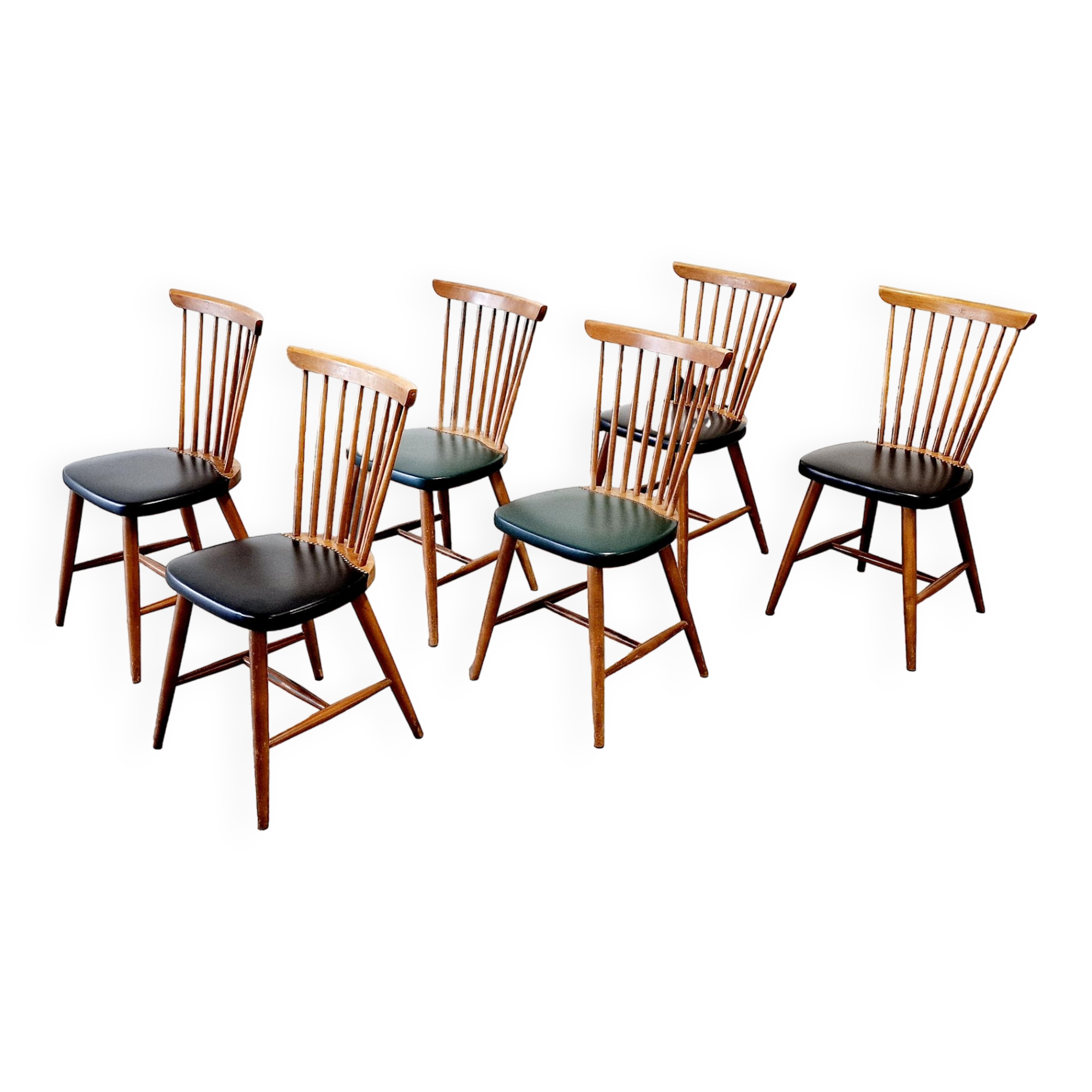 6 scandinavian wood & vinyl chairs, 1960s