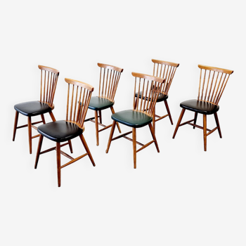 6 scandinavian wood & vinyl chairs, 1960s
