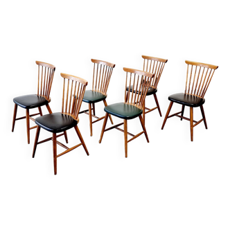 6 chaises scandinaves bois & vinyl, 1960s