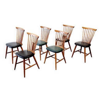 6 scandinavian wood & vinyl chairs, 1960s